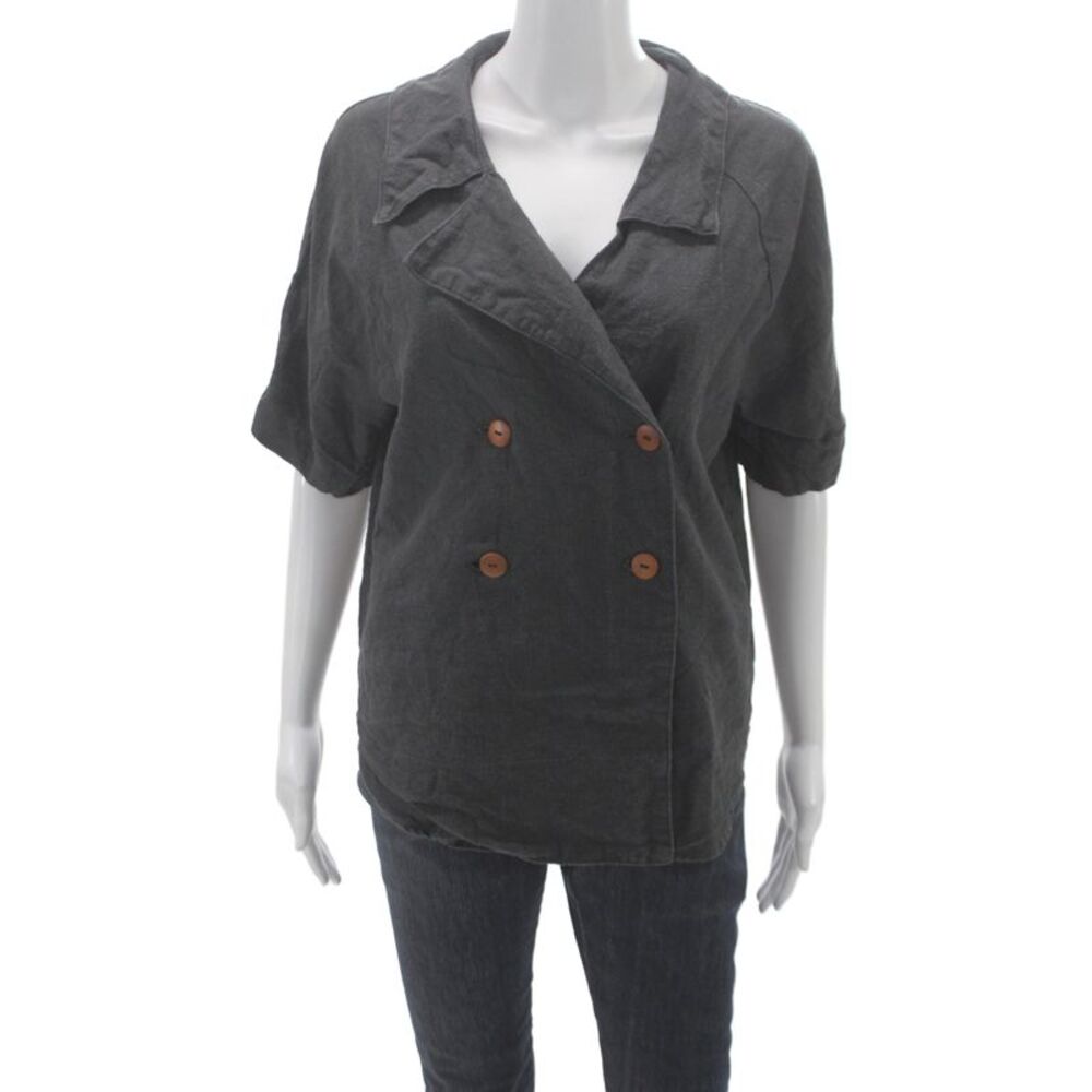 Aliya Wanek Women Cropped Blouse Gray Linen Collared Button Short Sleeve Size S